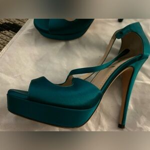 Authentic YSL Tribute Teal Satin Platform Peeptoe Heels 35.5